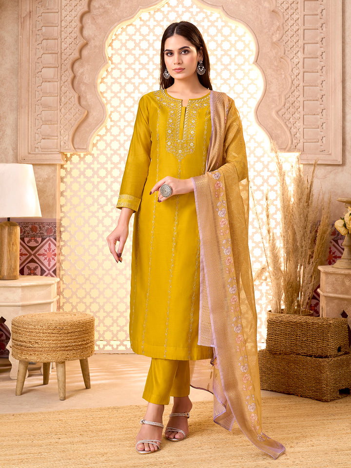 Yellow Silk Blend Suit Set with Dupatta