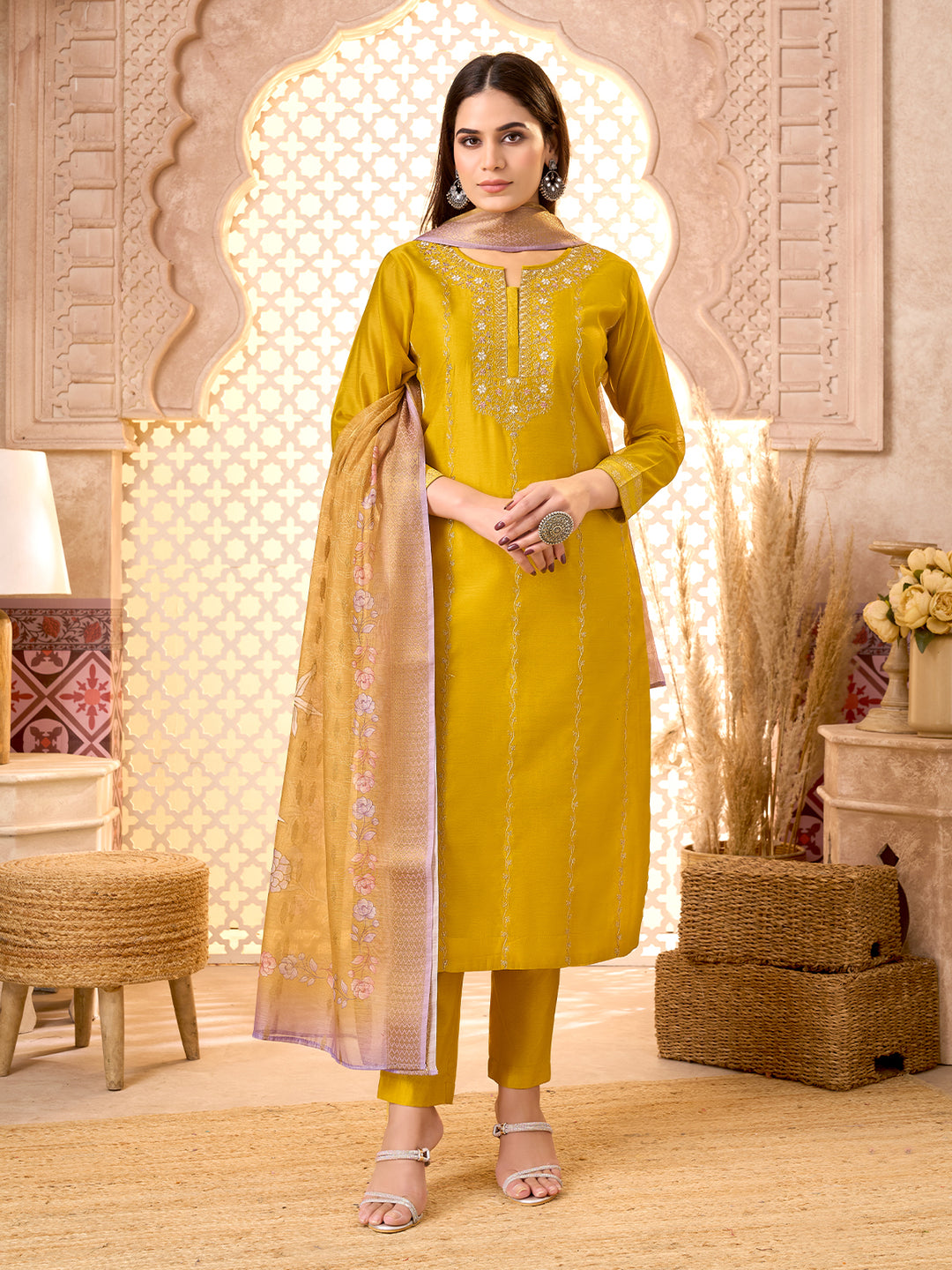 Yellow Silk Blend Suit Set with Dupatta
