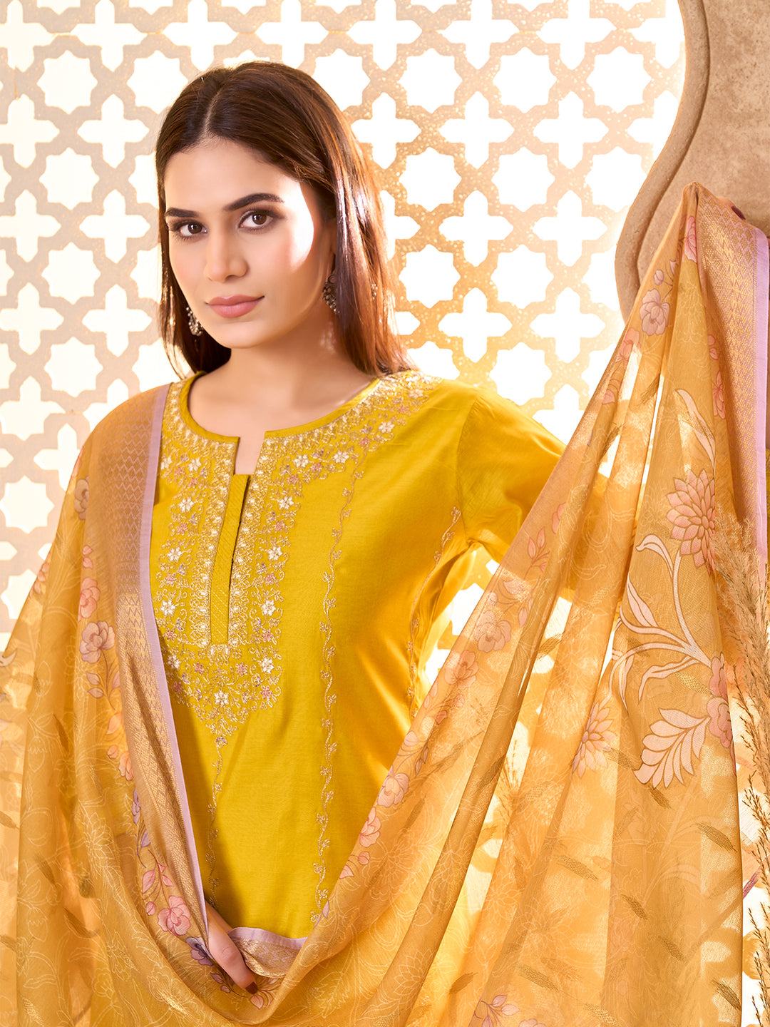 Yellow Silk Blend Suit Set with Dupatta
