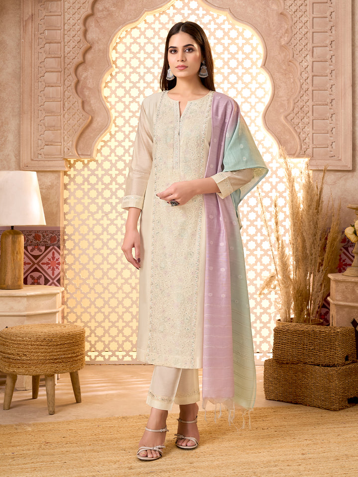 Ivory Silk Blend Suit Set with Dupatta