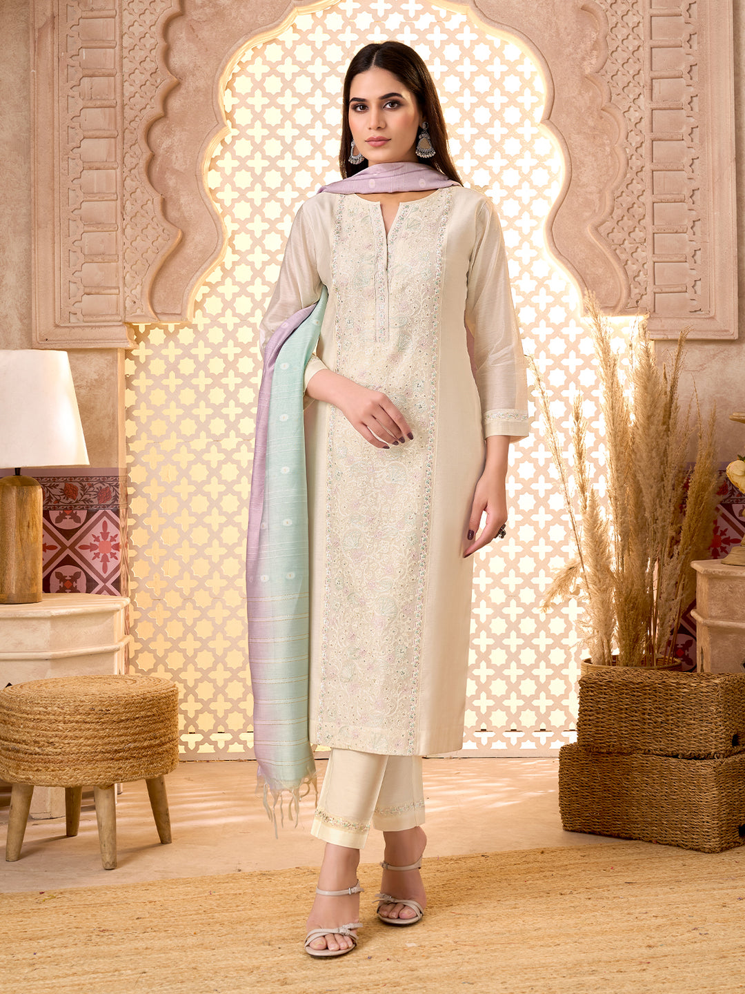 Ivory Silk Blend Suit Set with Dupatta