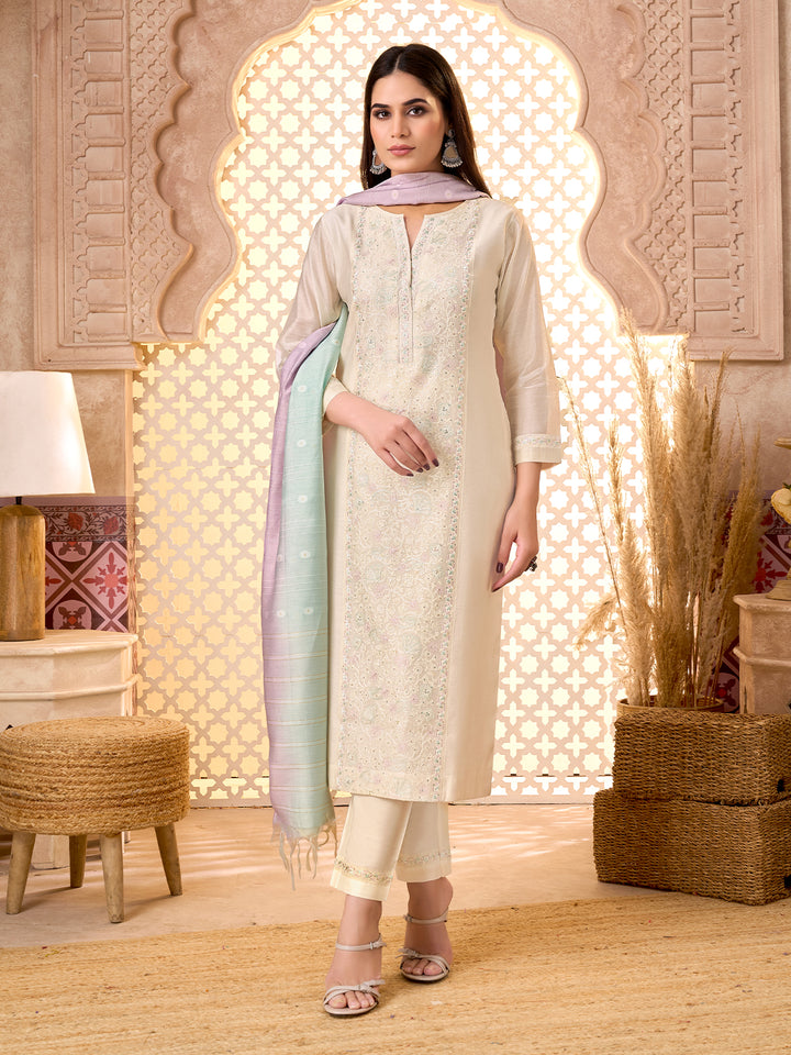 Ivory Silk Blend Suit Set with Dupatta