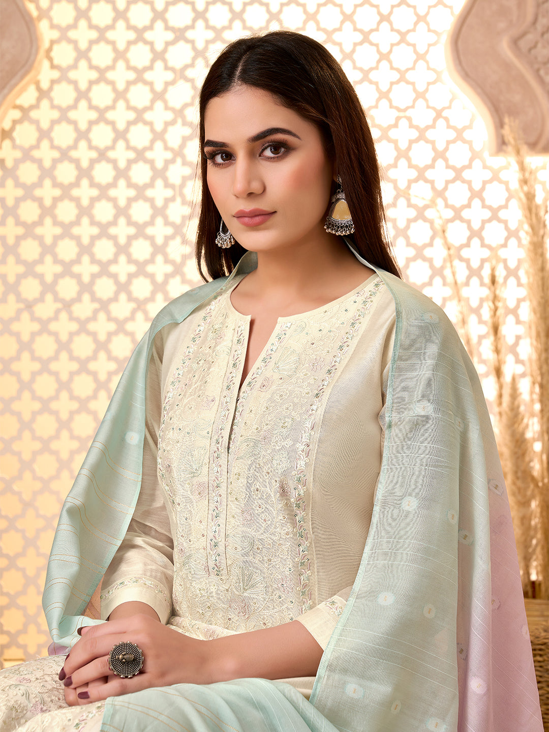 Ivory Silk Blend Suit Set with Dupatta