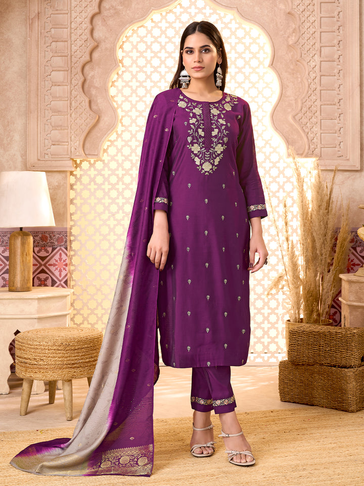 Deep Plum Silk Blend Suit Set with Dupatta