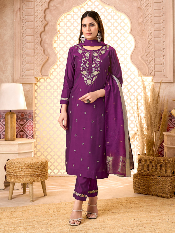 Deep Plum Silk Blend Suit Set with Dupatta