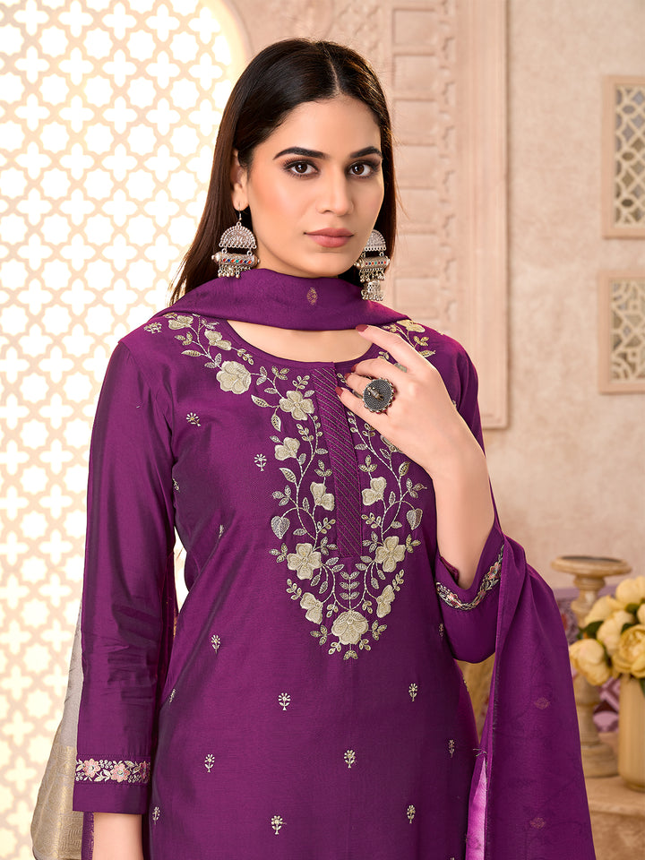 Deep Plum Silk Blend Suit Set with Dupatta