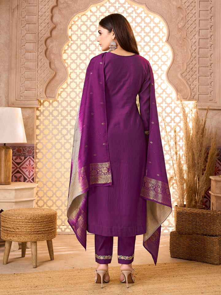 Deep Plum Silk Blend Suit Set with Dupatta