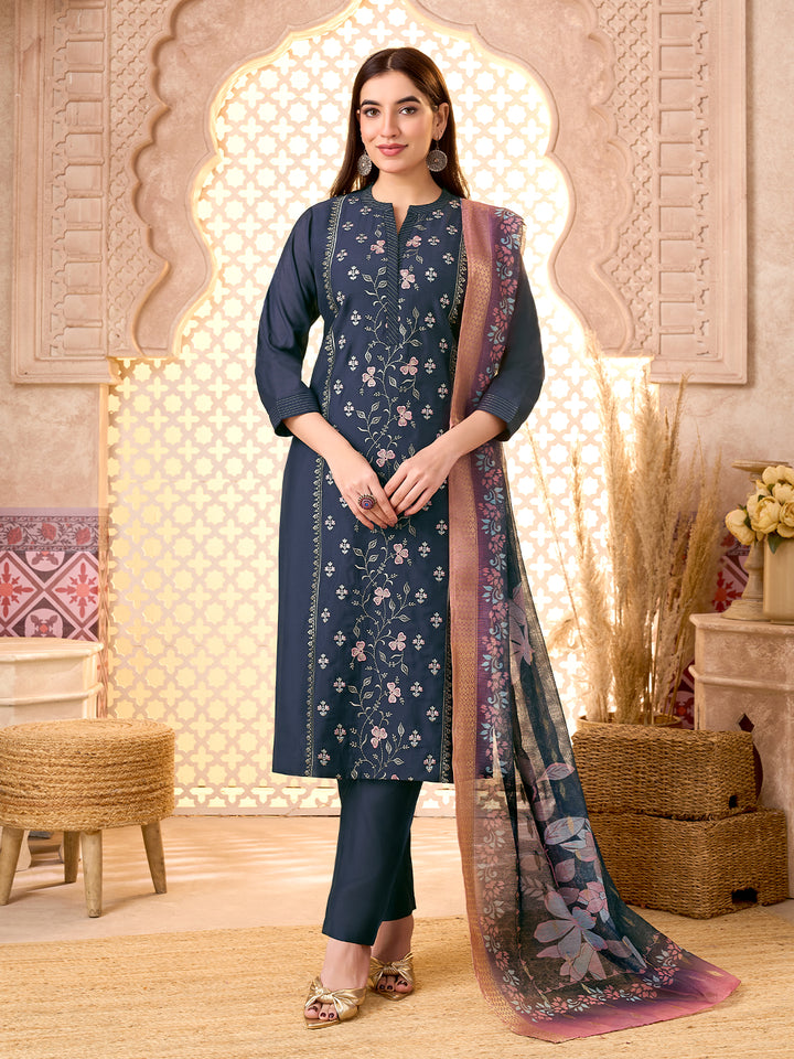 Navy Blue Silk Blend Suit Set with Dupatta