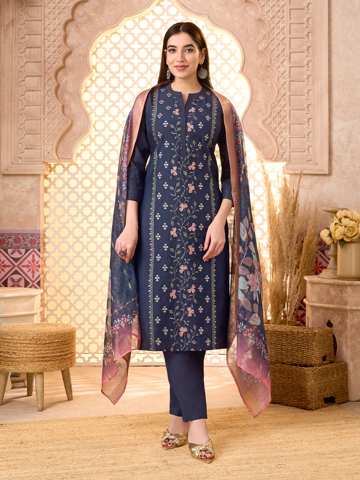 Navy Blue Silk Blend Suit Set with Dupatta