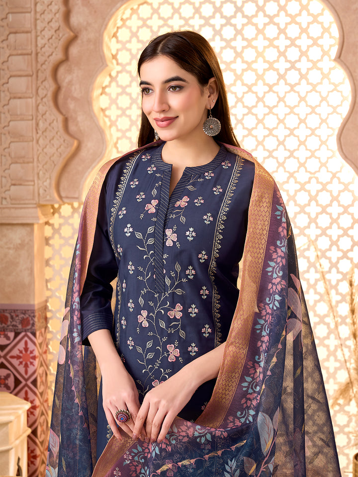 Navy Blue Silk Blend Suit Set with Dupatta