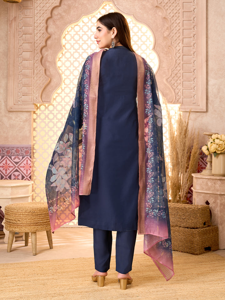 Navy Blue Silk Blend Suit Set with Dupatta