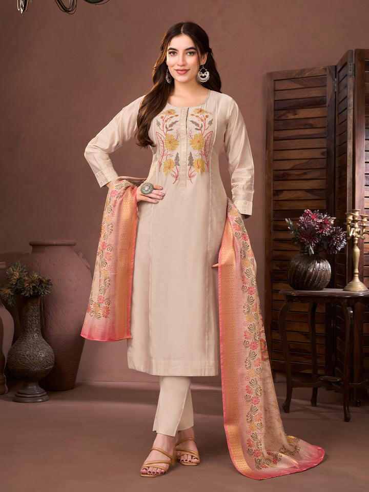 Beige Chanderi Suit Set