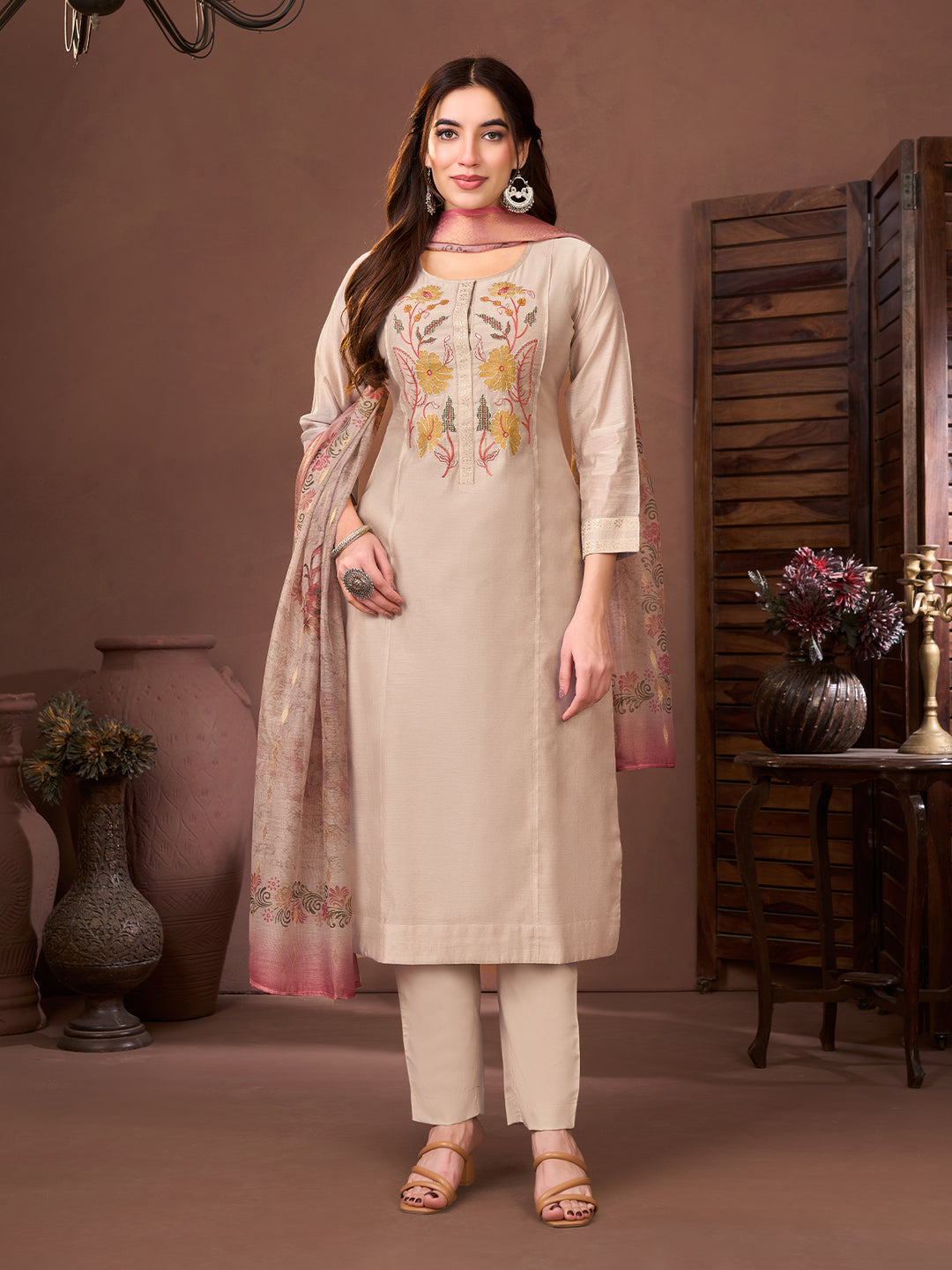 Beige Chanderi Suit Set
