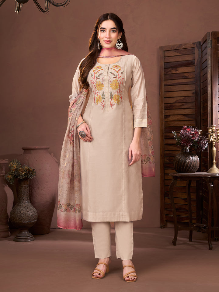 Beige Chanderi Suit Set