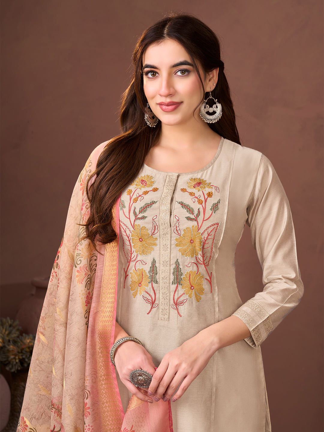 Beige Chanderi Suit Set