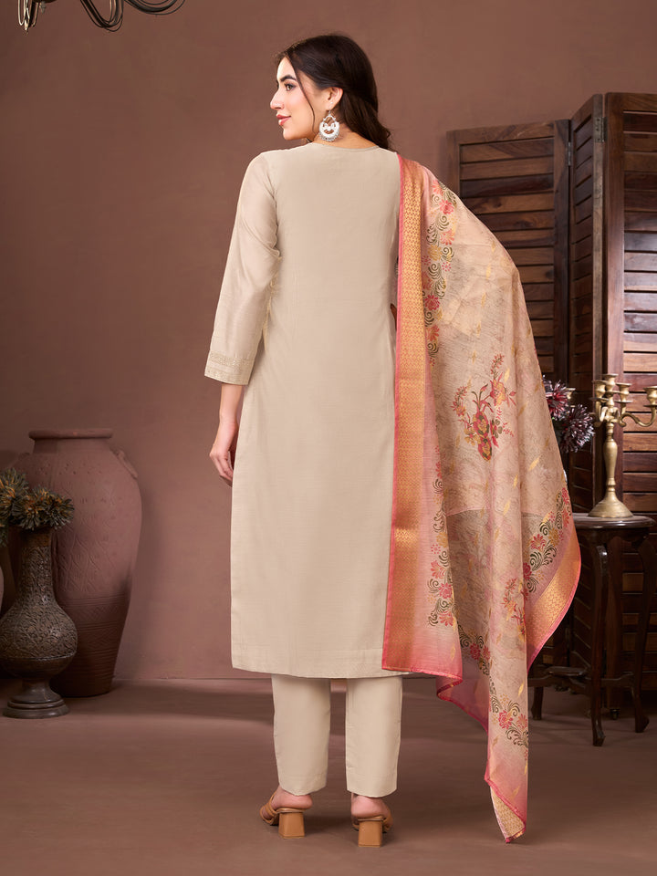 Beige Chanderi Suit Set