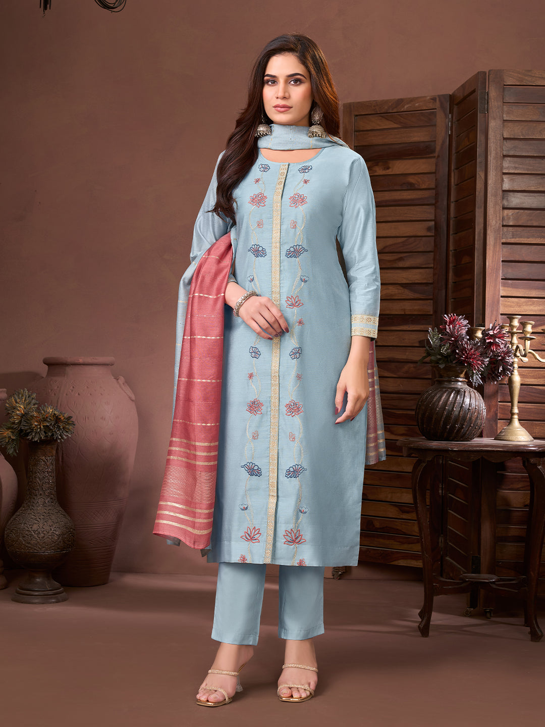 Powder Blue Chanderi Suit Set