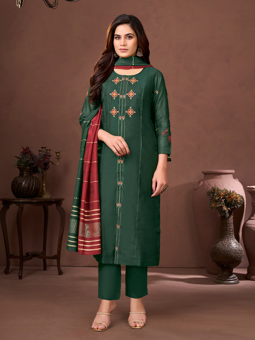 Forest Green Chanderi Suit Set