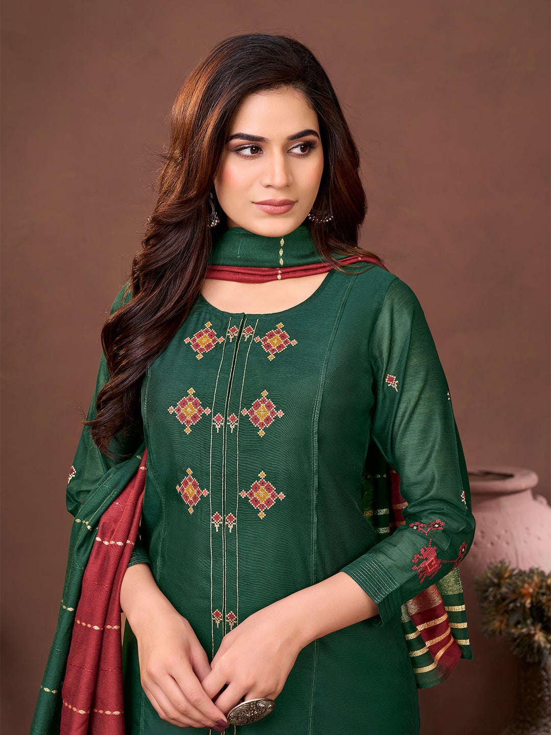 Forest Green Chanderi Suit Set