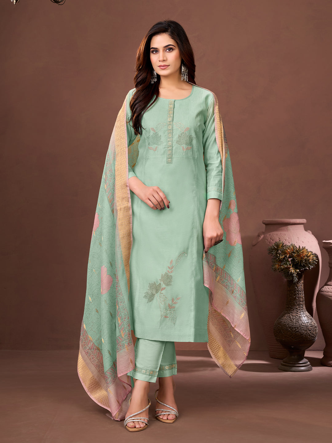 Sage Green Chanderi Suit Set