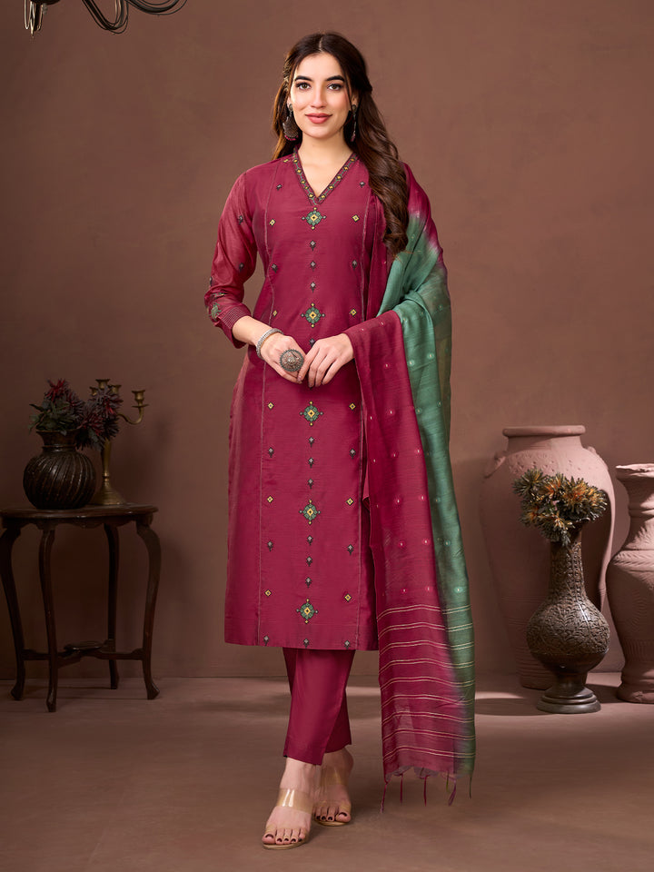 Maroon Chanderi Suit Set