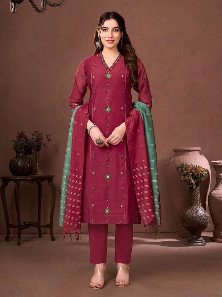 Maroon Chanderi Suit Set