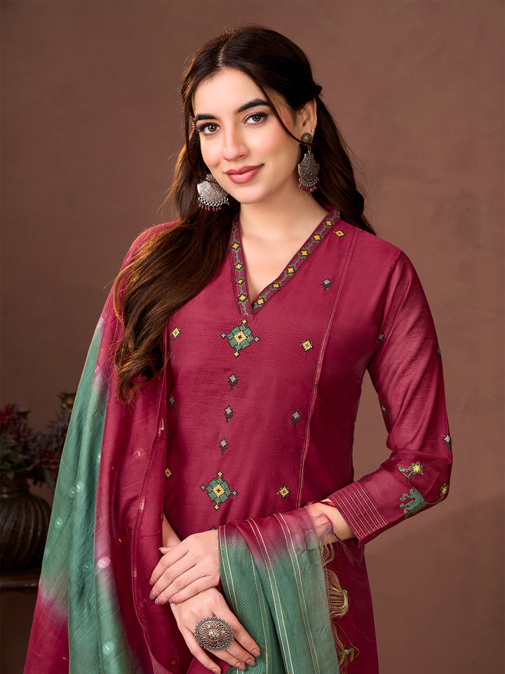Maroon Chanderi Suit Set