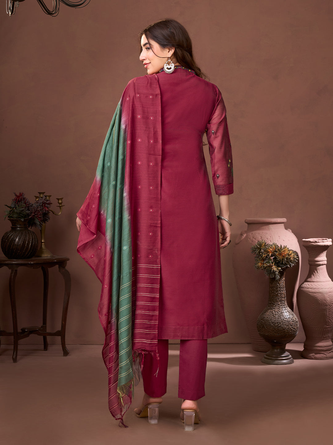 Maroon Chanderi Suit Set