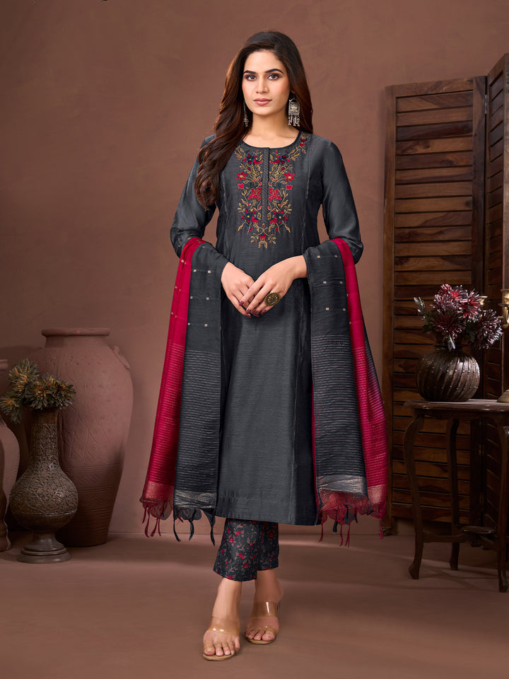 Charcoal Grey Chanderi Suit Set