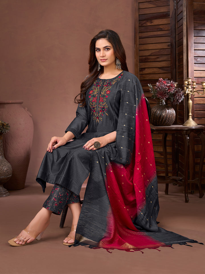 Charcoal Grey Chanderi Suit Set