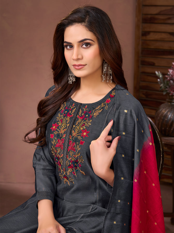 Charcoal Grey Chanderi Suit Set