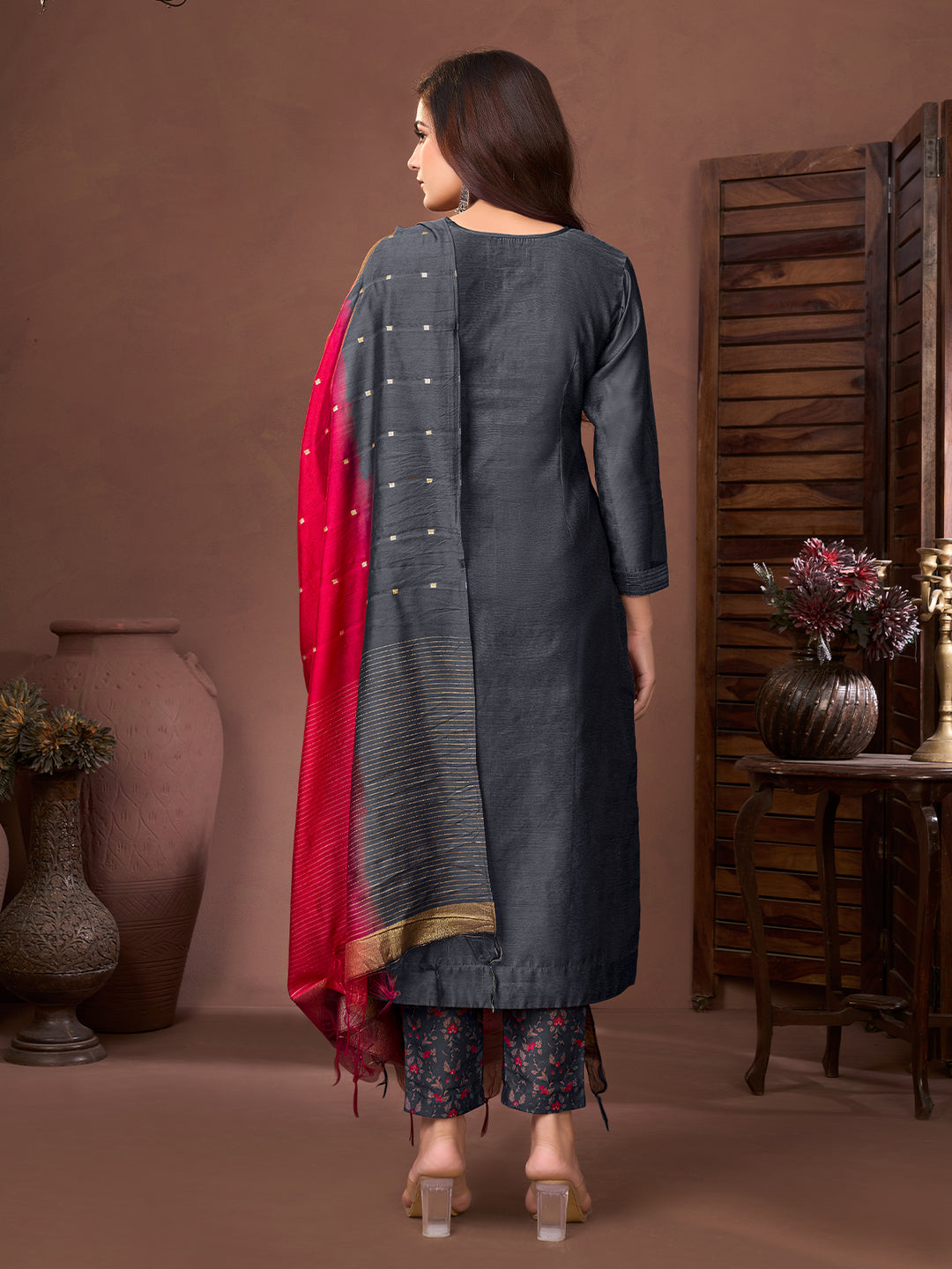 Charcoal Grey Chanderi Suit Set