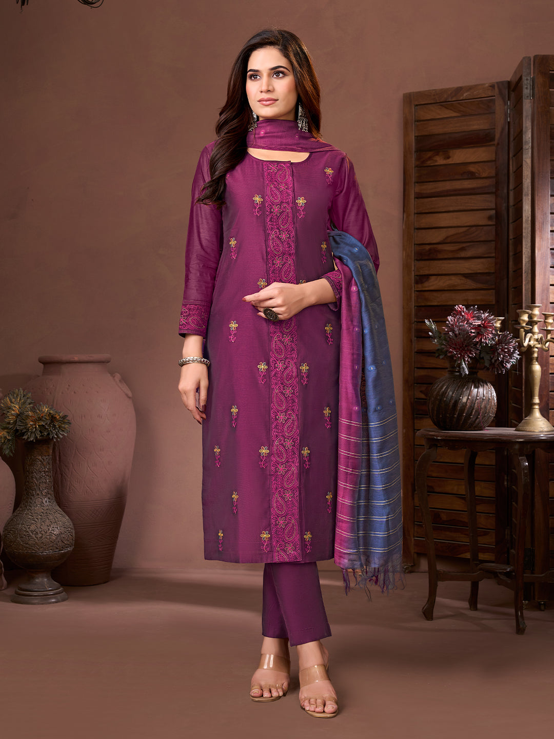 Regal Purple Chanderi Suit Set