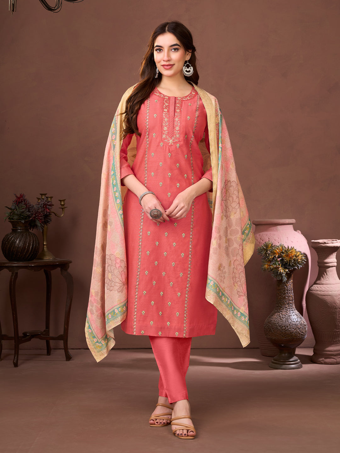 Coral Chanderi Suit Set