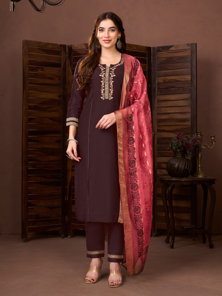 Brown Chanderi Suit Set