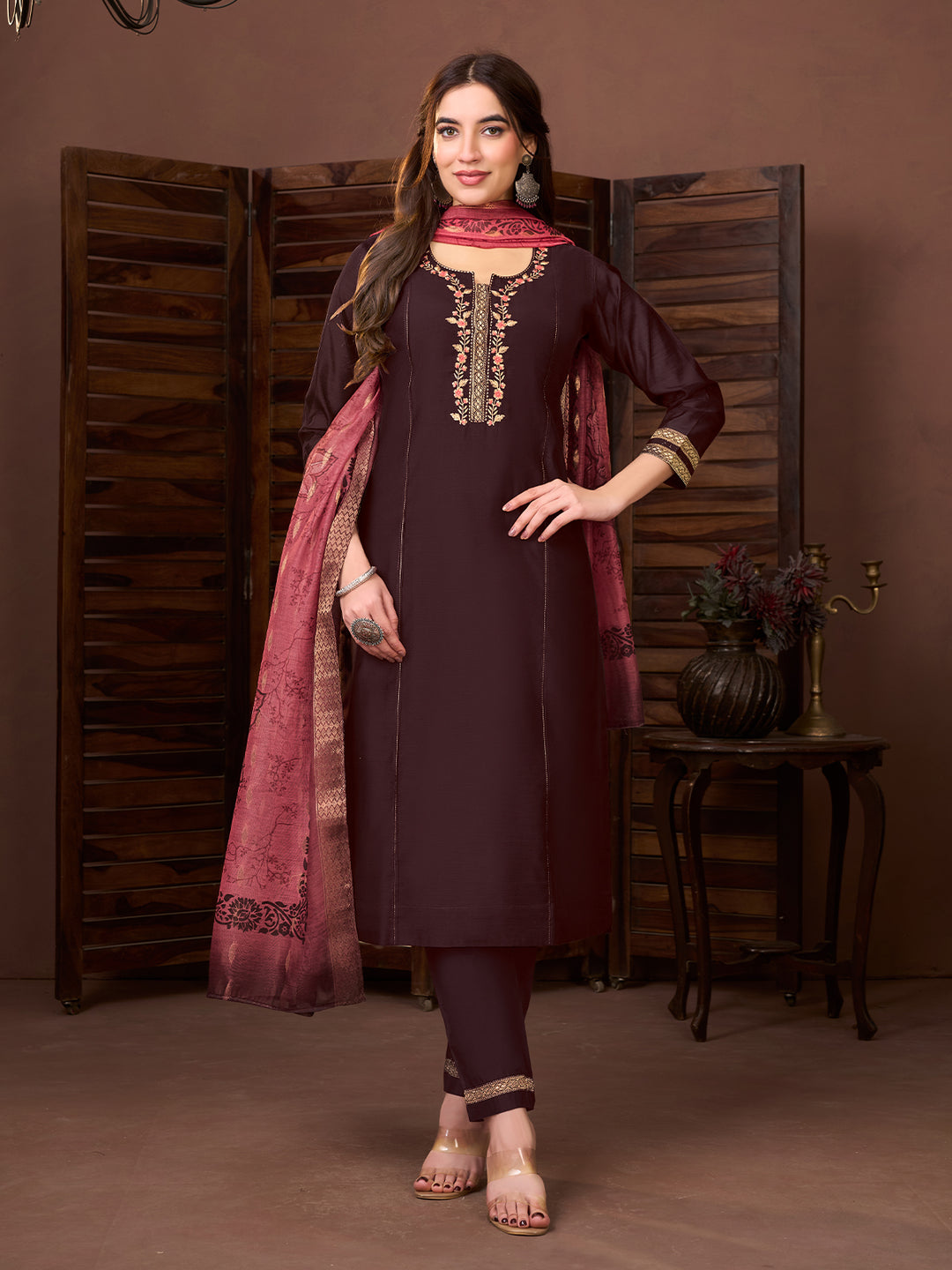 Brown Chanderi Suit Set