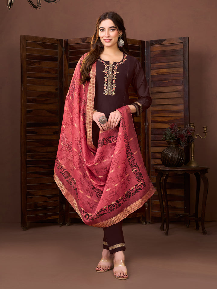 Brown Chanderi Suit Set