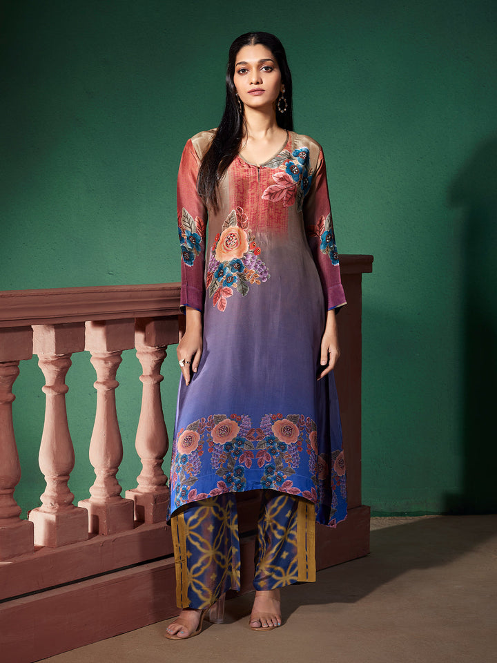 Blue Ombre Floral Silk Co-Ord Set