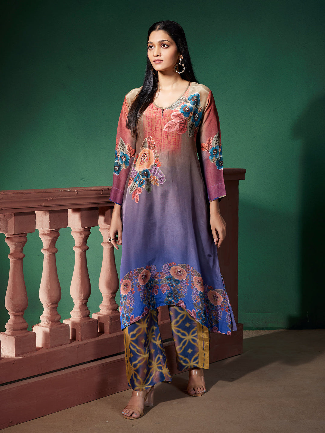 Blue Ombre Floral Silk Co-Ord Set