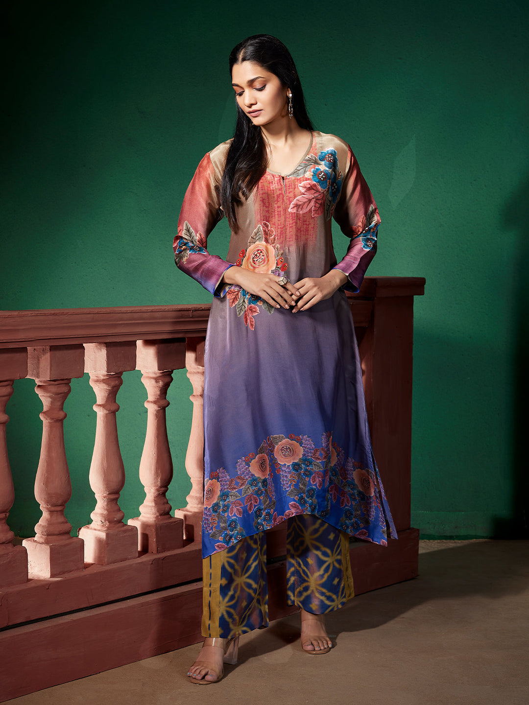 Blue Ombre Floral Silk Co-Ord Set