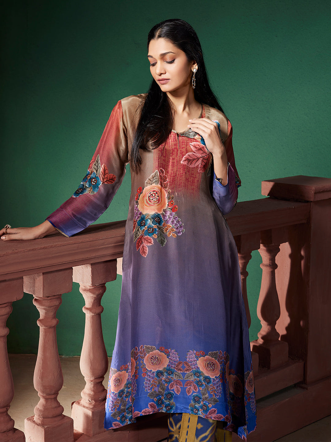 Blue Ombre Floral Silk Co-Ord Set