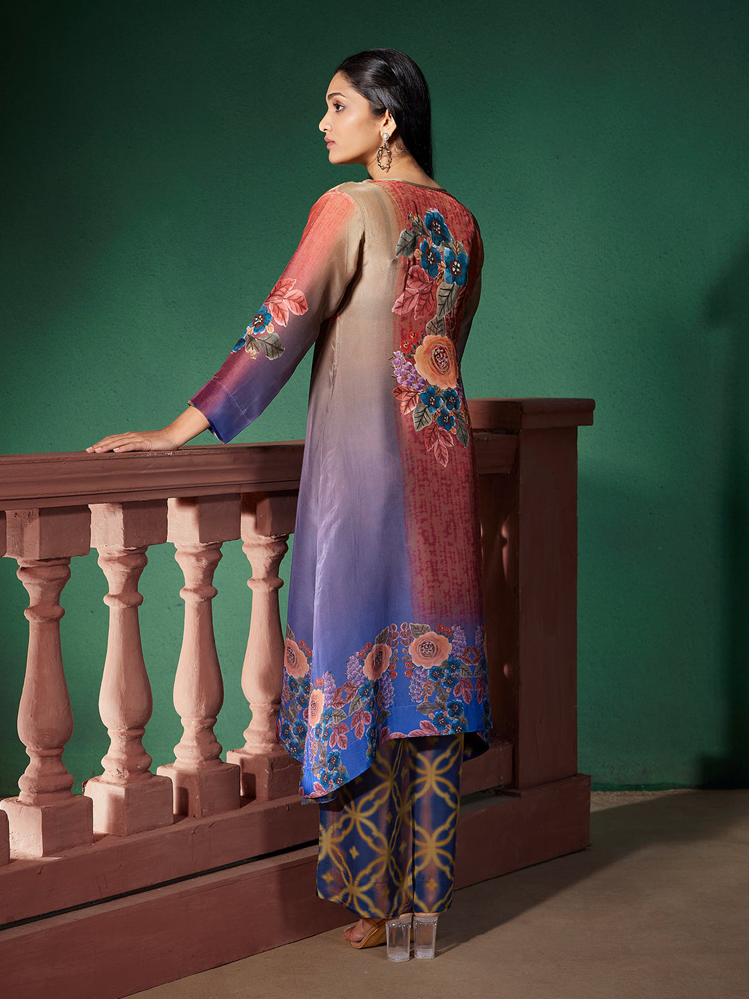 Blue Ombre Floral Silk Co-Ord Set