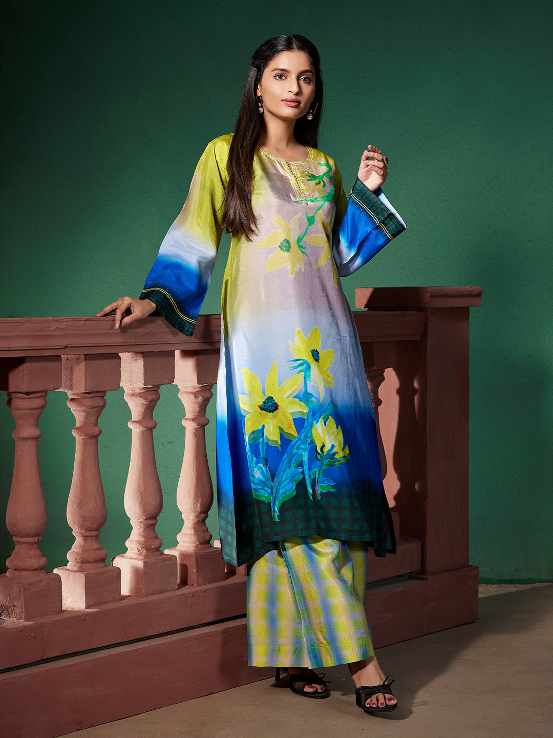 Lime Green Floral Silk Co-Ord Set