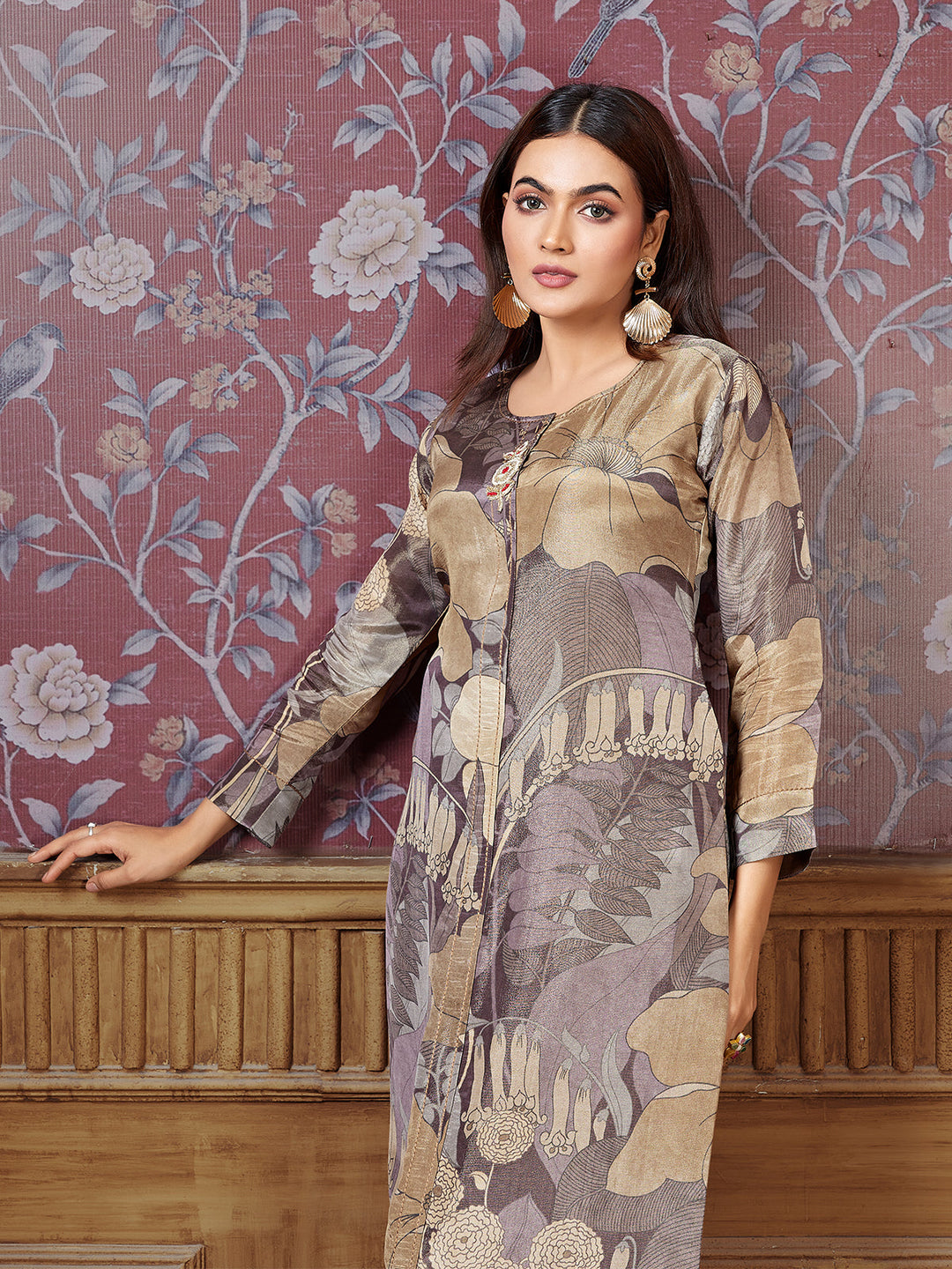 Grey Floral Silk Kurti