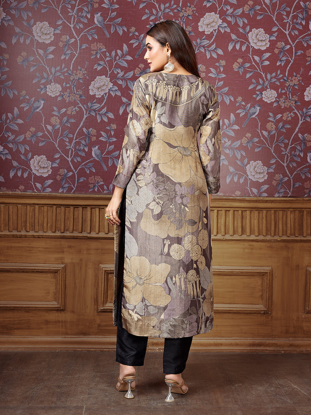 Grey Floral Silk Kurti