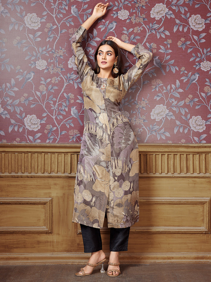 Grey Floral Silk Kurti