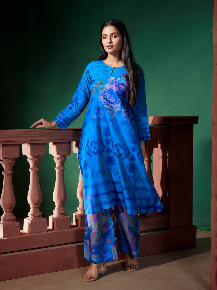 Serene Blue Floral Silk Co-Ord Set