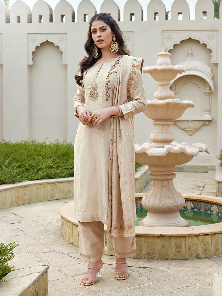 Champagne Beige Semi Silk Suit Set