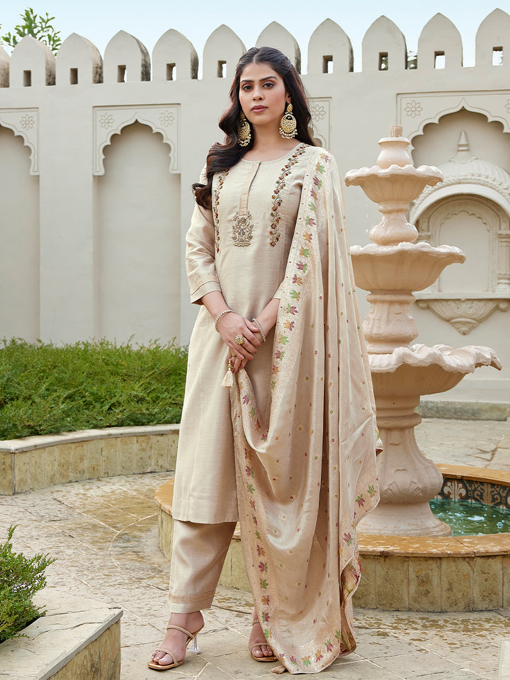 Champagne Beige Semi Silk Suit Set