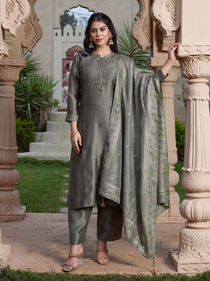 Grey Semi Silk Suit Set